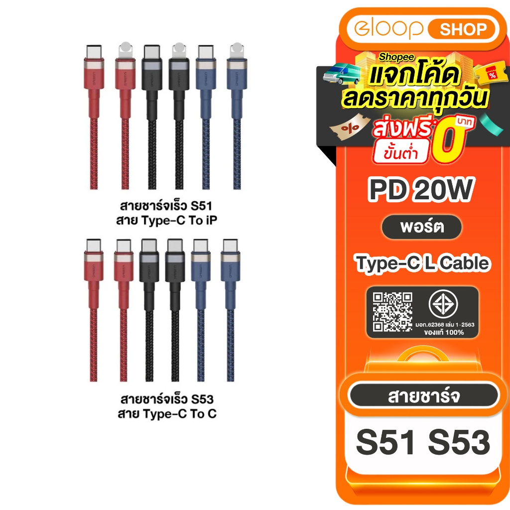 [ สายชาร์จยอดฮิต ] Eloop สายชาร์จ รุ่น S53 C to C / S51 C to L รองรับชาร์จเร็ว 3A 20W Max 27W
