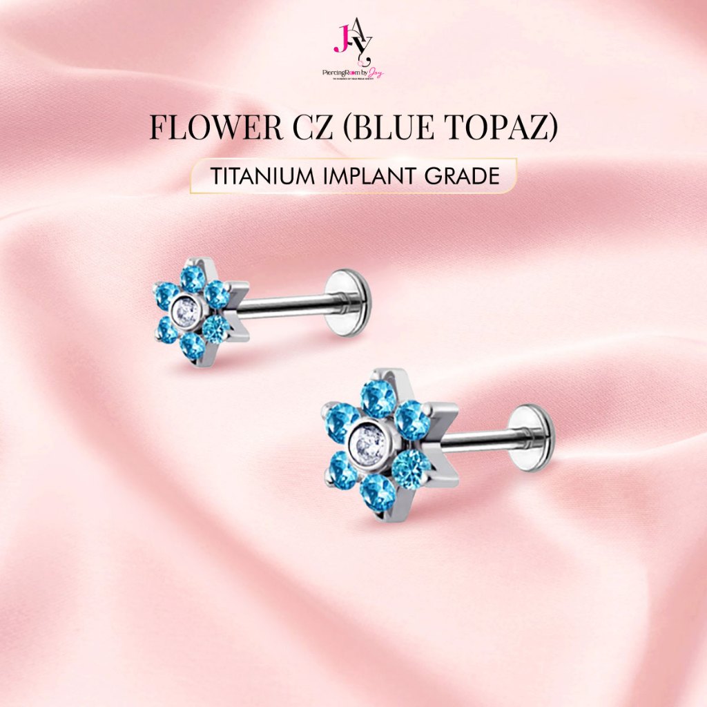 Piercingroom by Jay จิว/ต่างหูแป้นแบน สำหรับผิวแพ้ง่าย Flower CZ (Blue Topaz) Titanium flat back เกรดการแพทย์