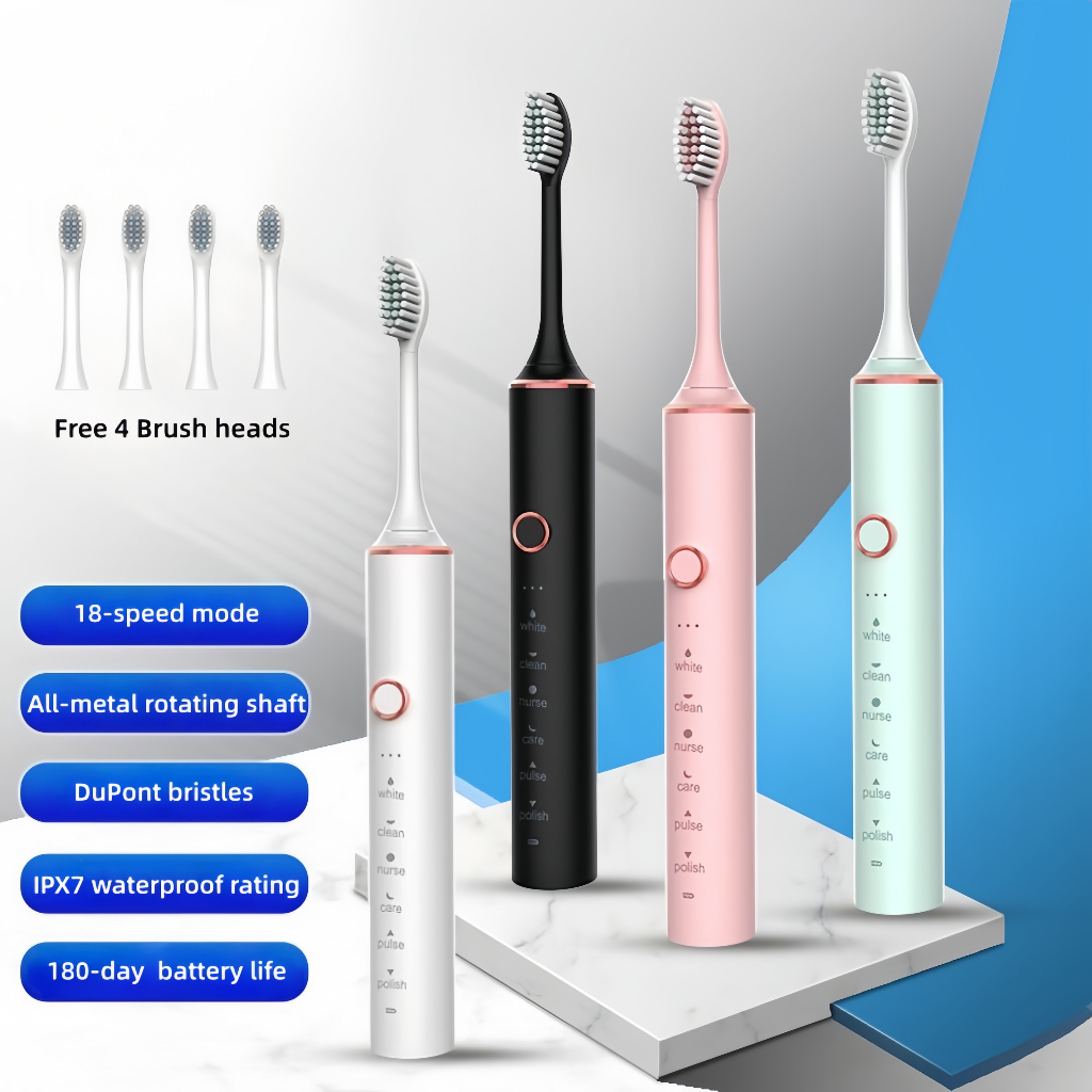 แปรงสีฟันไฟฟ้า ถนอมปกป้องเหงือกและฟัน IPX7 waterproof ขนแปรง 4 ชิ้น  ชาร์จไฟทนทาน Electric Toothbrush