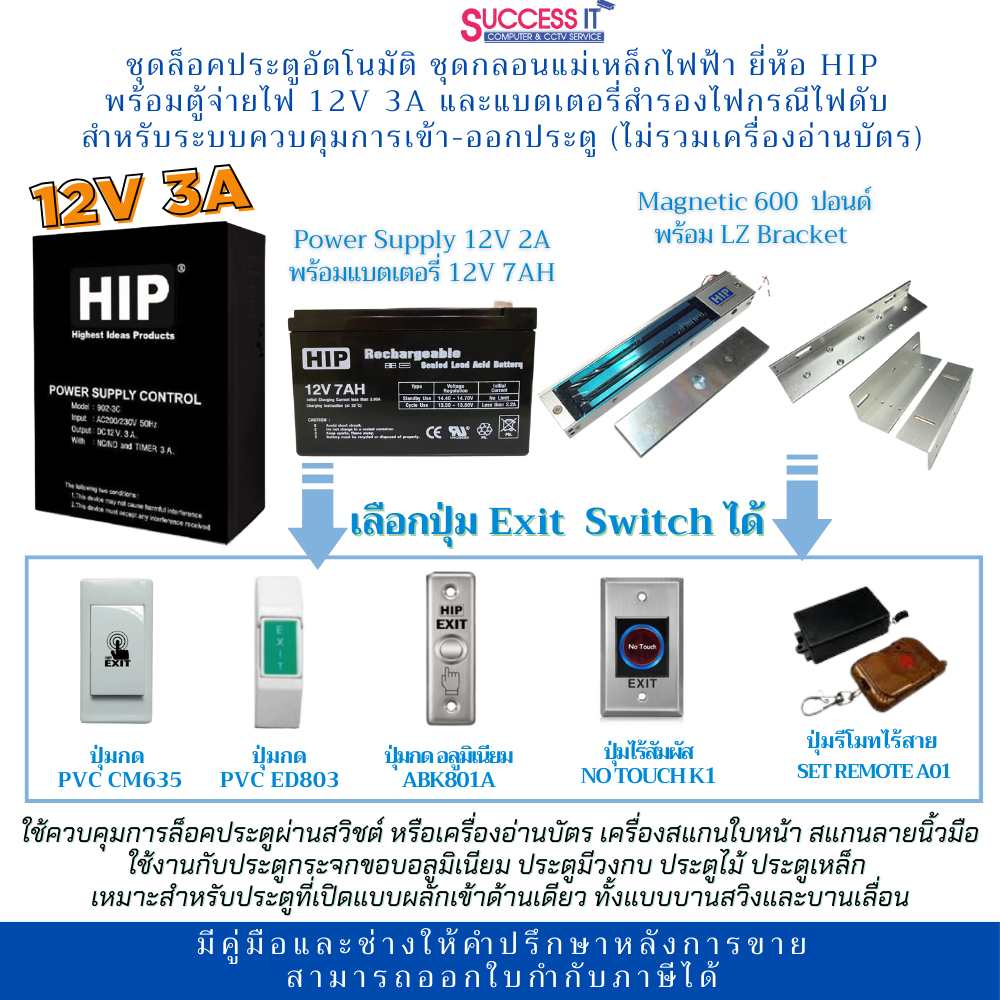 HIP ชุดล็อคประตูอัตโนมัติ ชุดกลอนแม่เหล็กไฟฟ้าควบคุมประตู Power Supply 12V 3A (ไม่รวมเครื่องทาบบัตร)