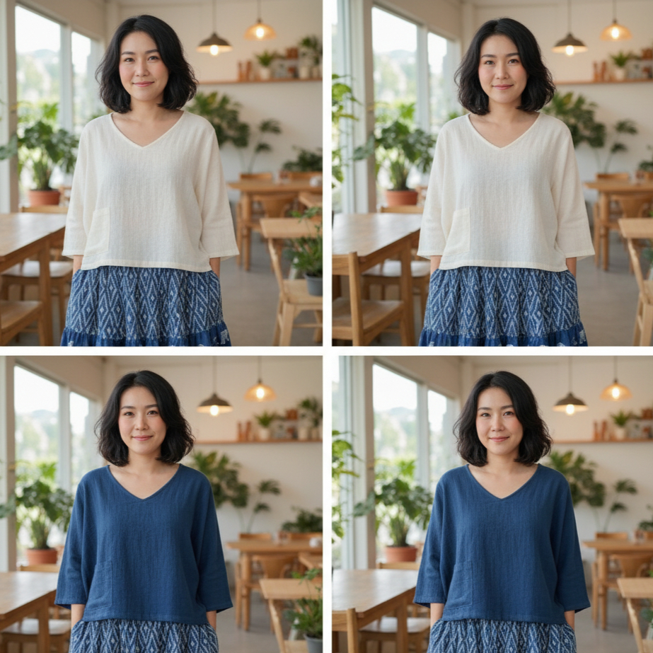 เสื้อผ้าฝ้าย เสื้อผ้าสาลู  คอวี แขนสี่ส่วนทรงตรง  มีกระเป๋าด้านหน้า ผ้านุ่มมาก ใส่สบาย ไม่ร้อน