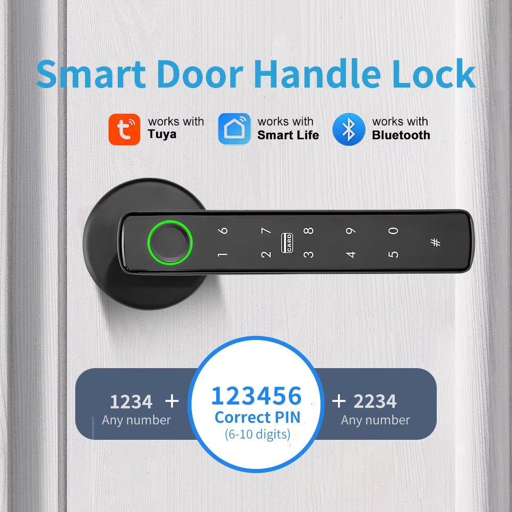 Tuya Bluetooth Smart Fingerprint Door Lock Door Handle Lock with Password Mechanical Key Suitable fo
