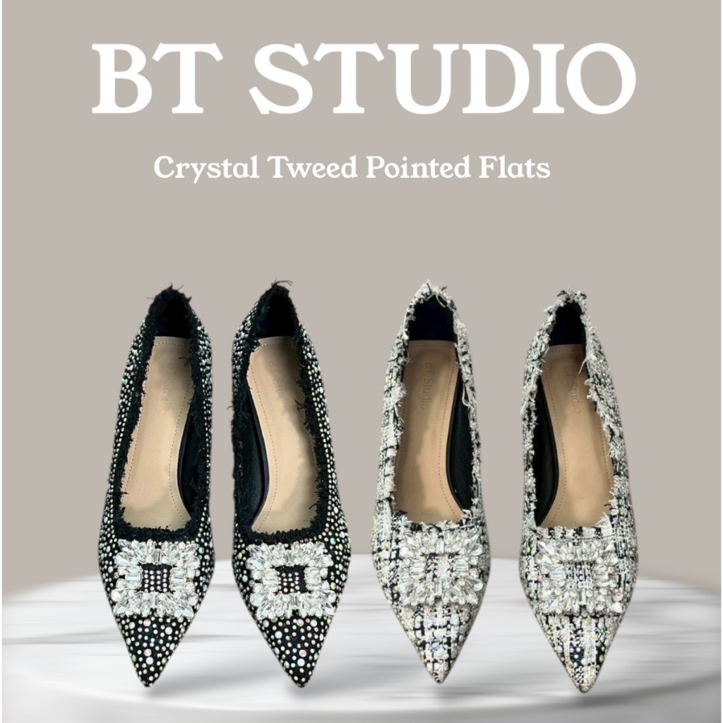 BT 17-0977 Crystal Tweed Pointed Flats รองเท้าทรงหัวแหลม ประดับเพชรอะไหล่ทรงเหลี่ยมด้านหน้า