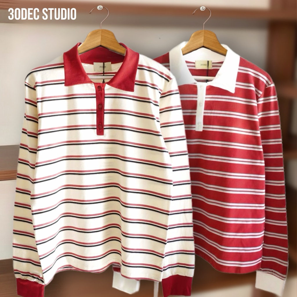 🌒 30DEC studio 🪐 …เสื้อแขนยาวคอปก ลายริ้ว 50 ลาย++ ผ้าสแปนเด็กส์ นิ่ม ยืดยุ่นพิเศษ 🌏