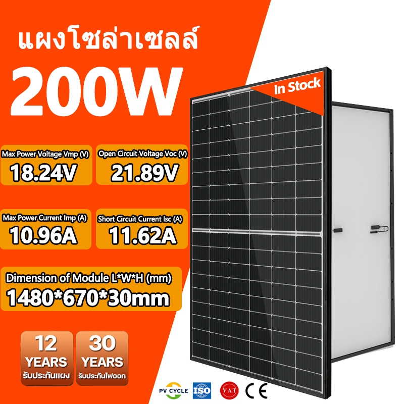 【รับประกัน 10 ปี】แผงโซล่าเซลล์ 200W Monocrystalline แผงโซล่า แผงพลังงานแสงอาทิตย์ พร้อมตัวเชื่อมต่อ 
