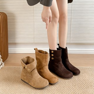 รองเท้าบูทหุ้มข้อแฟชั่นผู้หญิง วัสดุหนังกลับ ทรงหัวกลม ดีไซน…