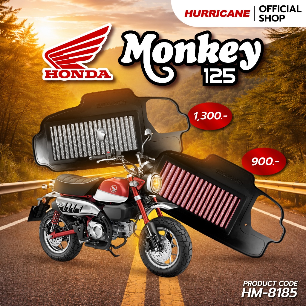 HURRICANE กรองอากาศมอเตอร์ไซต์ผ้าแดง & สแตนเลส Honda Monkey 125 HM-8185