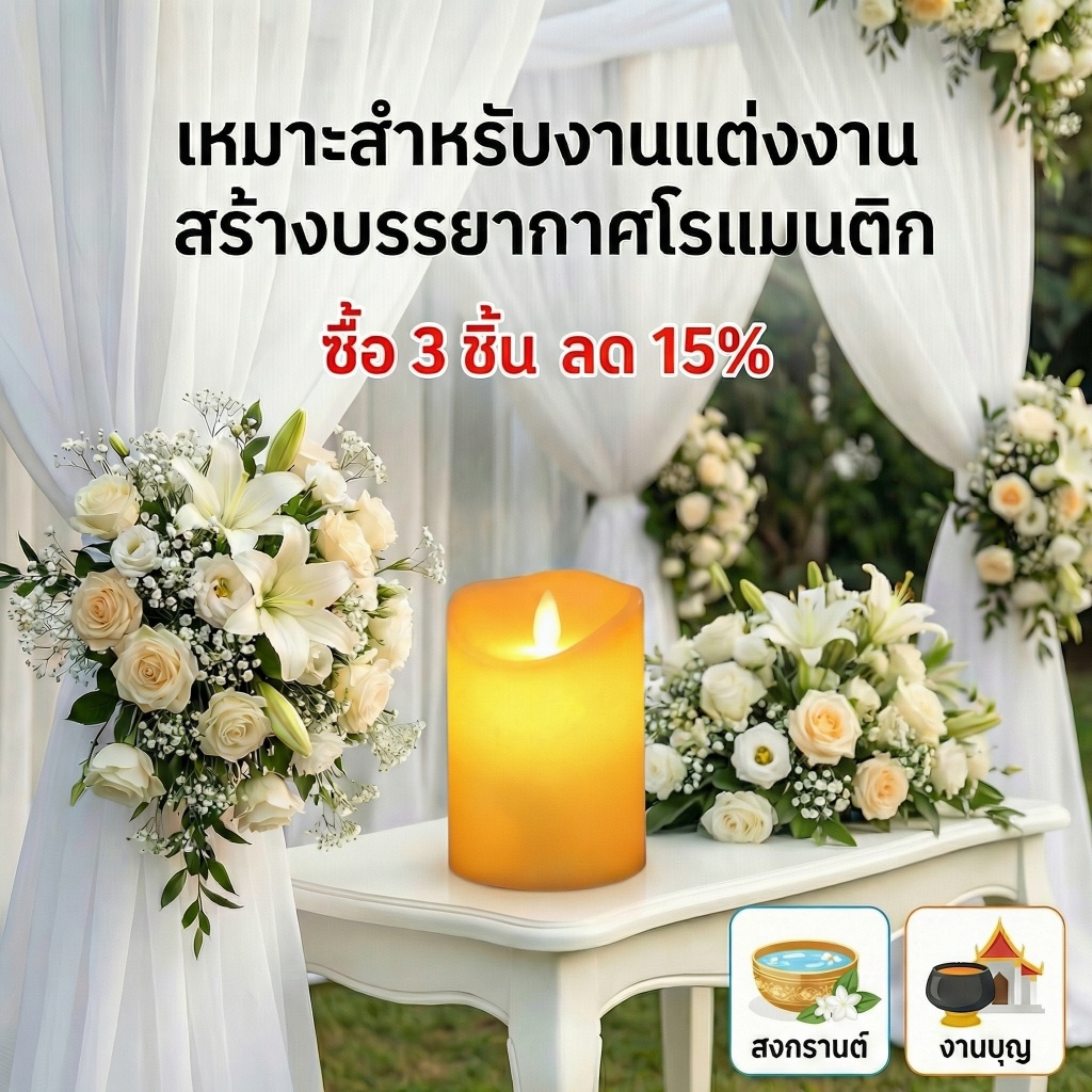 เทียนไฟ LED แต่งงาน บ้าน ร้านอาหาร ปลอดภัยไร้ควัน สงกรานต์ เทียนพรรษา วันสำคัญ 7.5*10-20cm - รูปที่ 2