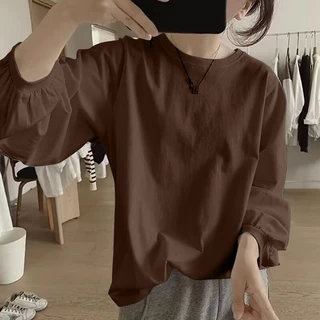 cherryshop พร้อมส่ง เสื้อยืดแขนยาวผู้หญิงสไตล์เกาหลีเรียบง่ายใหม่ สีพื้น คอกลม ทรงหลวม แขนพอง หวานและน่ารัก