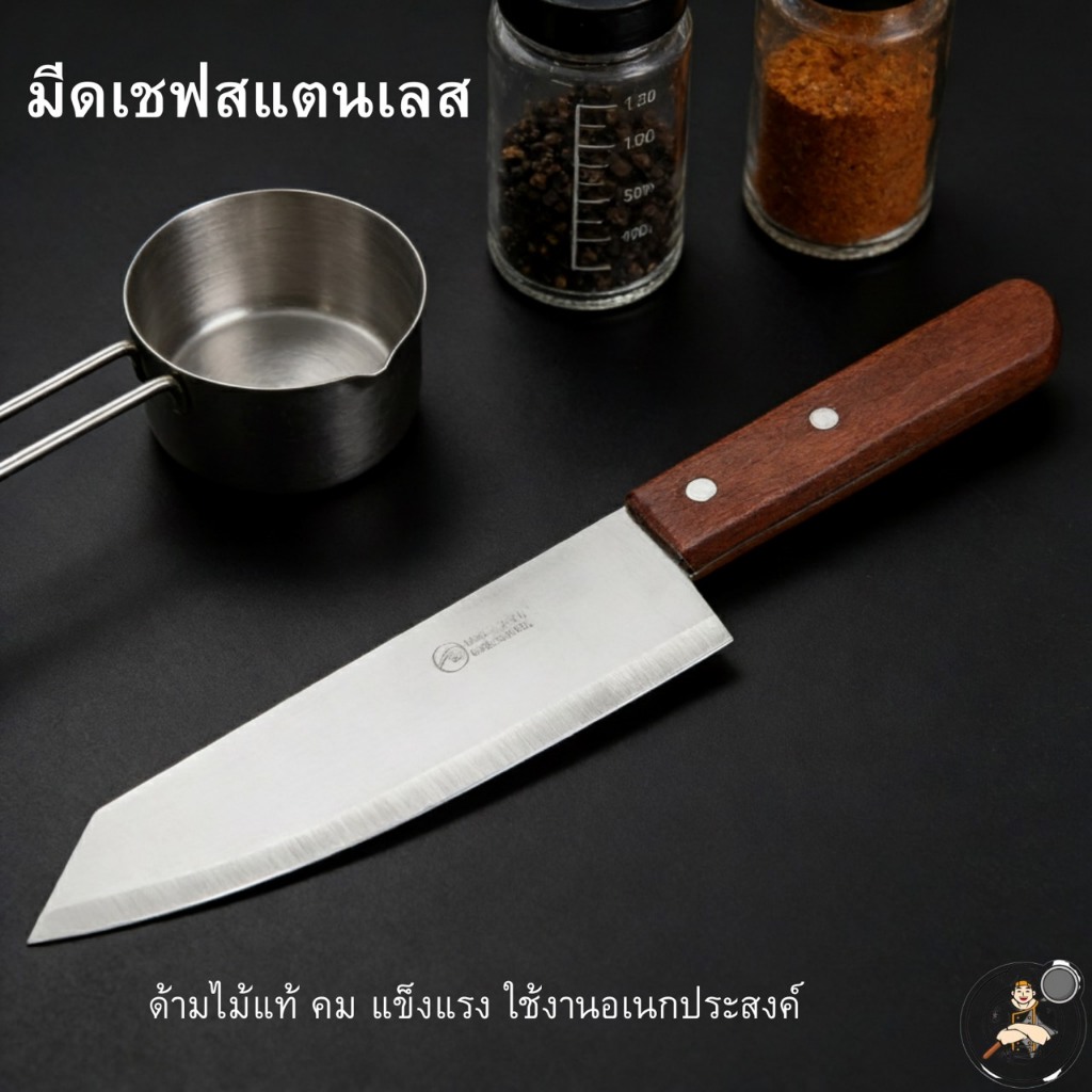 มีดเชฟสแตนเลส ด้ามไม้แท้ คม แข็งแรง ใช้งานอเนกประสงค์