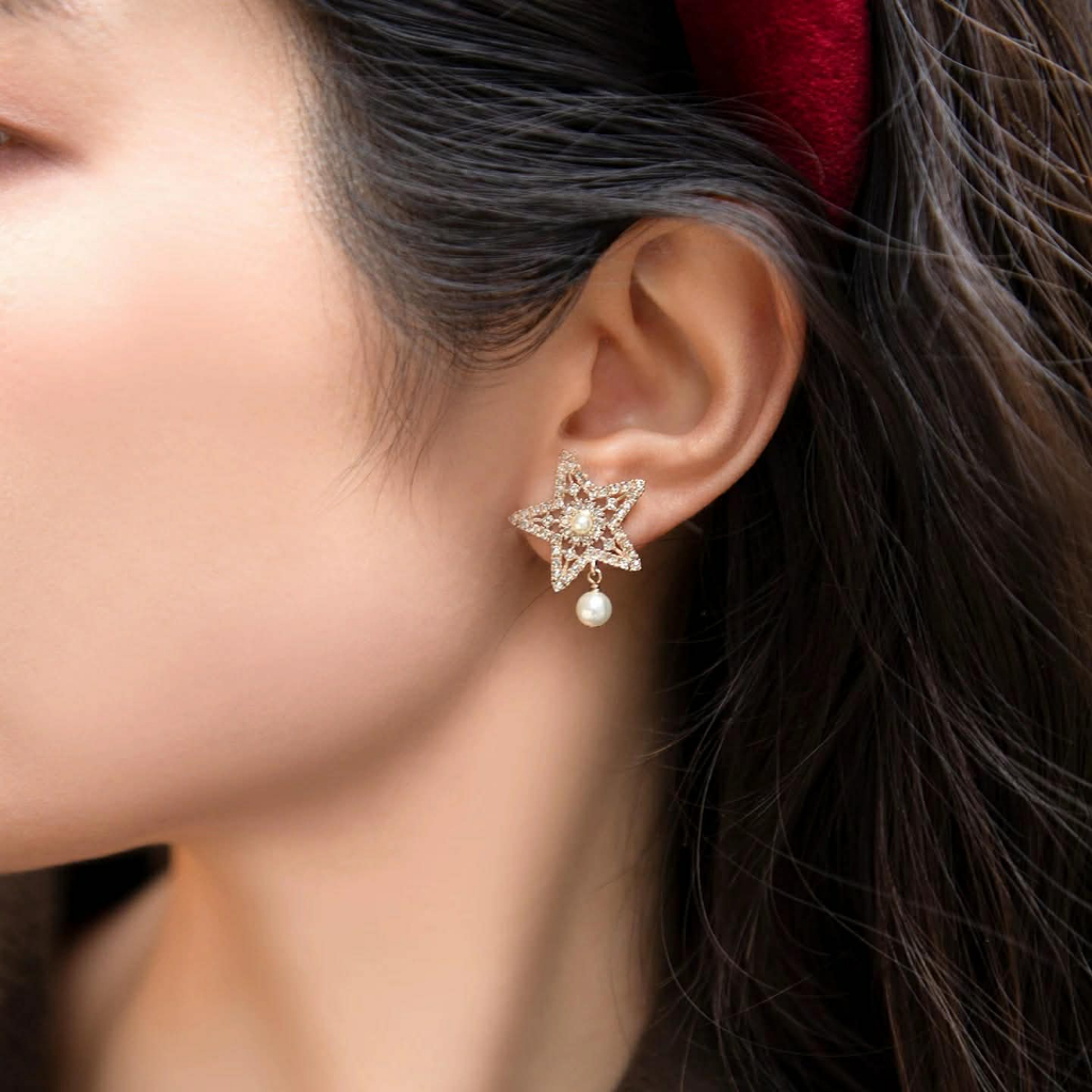 ต่างหูดาวห้อยตุ้งติ้ง  งานพรีเมี่ยม ทองเหลือง ก้านเงิน925 ไม่แพ้ เป็นมิตรต่อผิว - รูปที่ 7