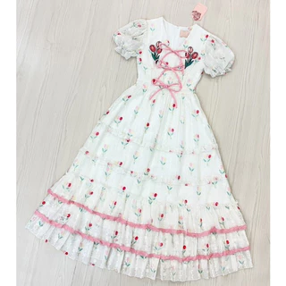 (มี3XL) Maria Diamond สีขาว Summer Tulip Dress เดรสยาวผ้าชีฟองปักทิวลิป แต่งโบว์หน้า แขนสั้นตุ๊กตา ซิปหลัง มีซับใน