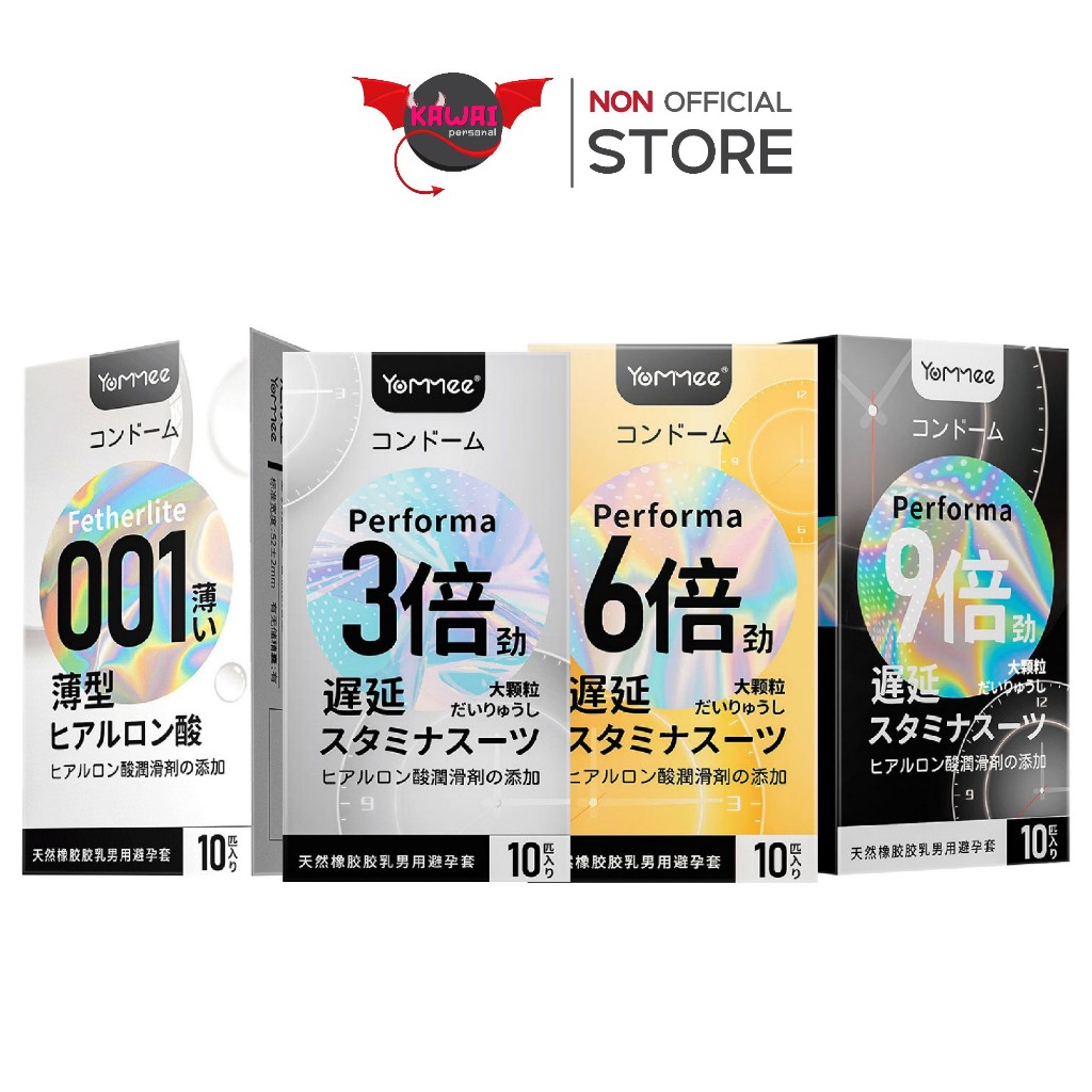Yommee performa 001-9X ถุงยางอนามัยเทคโนโลยีญี่ปุ่น ชนิดปุ่ม ขีด บาง ไซส์ 52±2 มม.