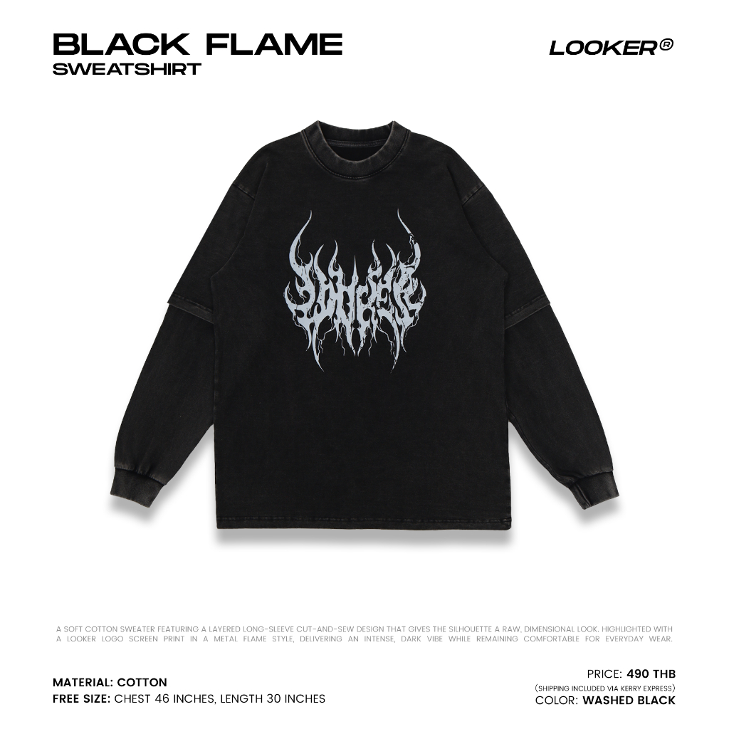 เสื้อสเวตเตอร์ฟอก(ตัดต่อแขนยาว) LOOKER® — BLACK FLAME SWEATSHIRT