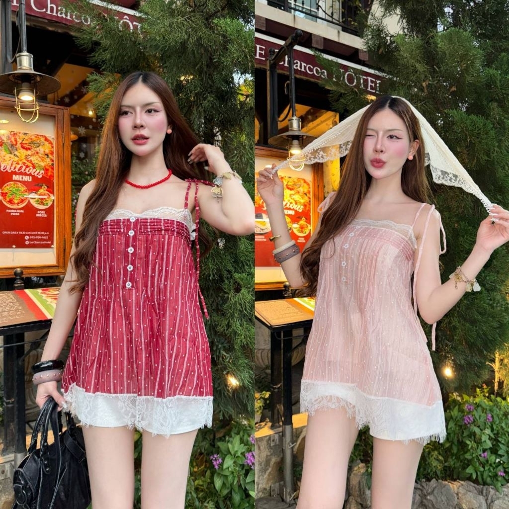 DARLING TOP❤️🩷 เสื้อสายเดี่ยวผูกไหล่แต่งลูกไม้ผ้าลายจุด