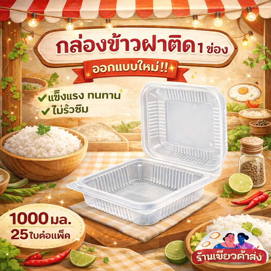 JT-B500 กล่องข้าวฝาติด 1000ml. 1ช่อง กล่องพลาสติกใส่อาหาร PP 25ใบ/แพ็ค by เจ๊เขียวค้าส่ง