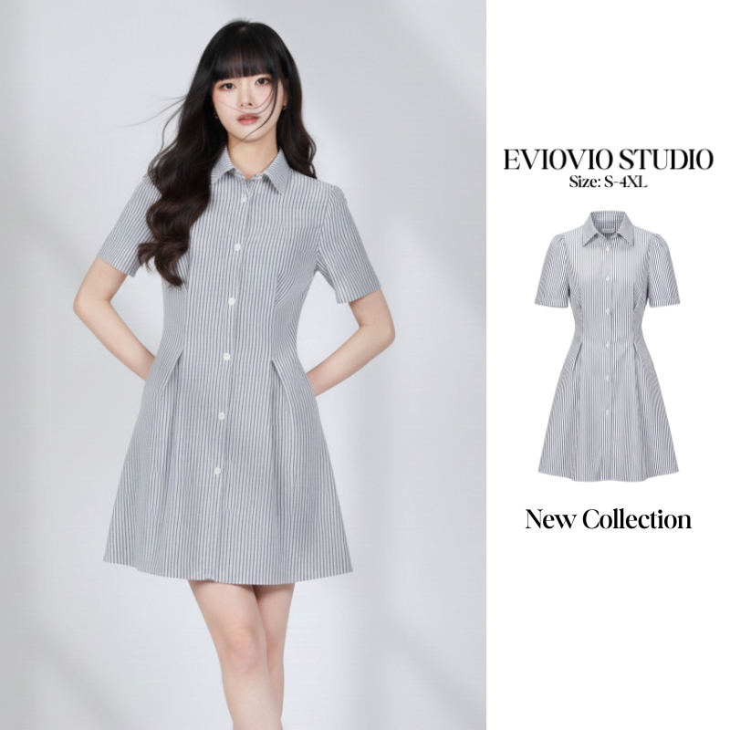NEW❗😍【EVIOVIO】S-4XL ❣️เดรสลายทางมินิมอล ทรงคลาสสิก คอปกแขนตุ๊กตา ผ้าใส่สบาย ให้ลุคเรียบง่ายแต่ดูดี ดีไซน์เข้ารูป สาวอวบ