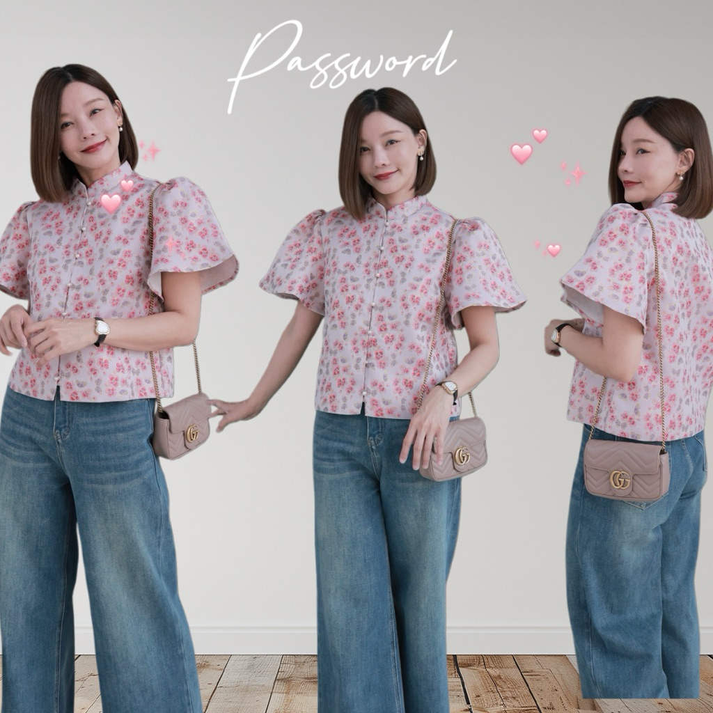 Password 0177-1 เสื้อคอจีน ผ้าแจกการ์ดเนื้อนุ่ม ผ้าทอลายดอกไม้สวยงาม