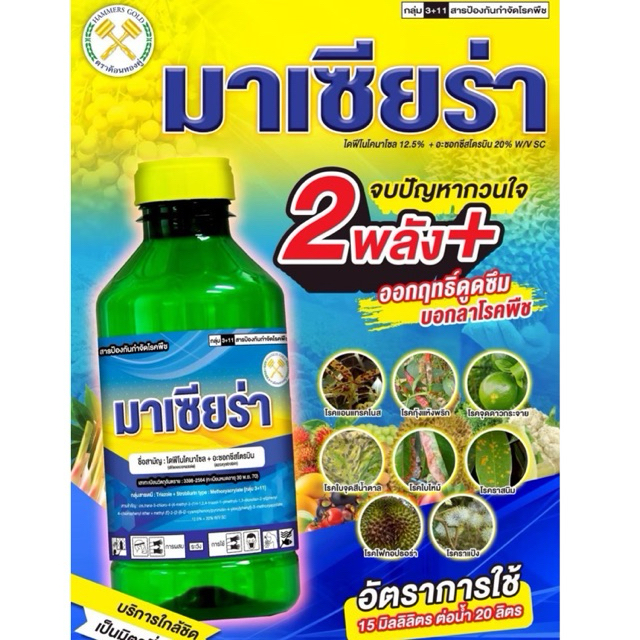 มาเซียร่า ไดฟีโนโคนาโซล+อะซอกซีสโตรบิน รักษาโรคใบจุด โรคใบติดโรคไฟทอปธอรา ขนาด 1 ลิตร ใช้ได้ 20-30 ไร่