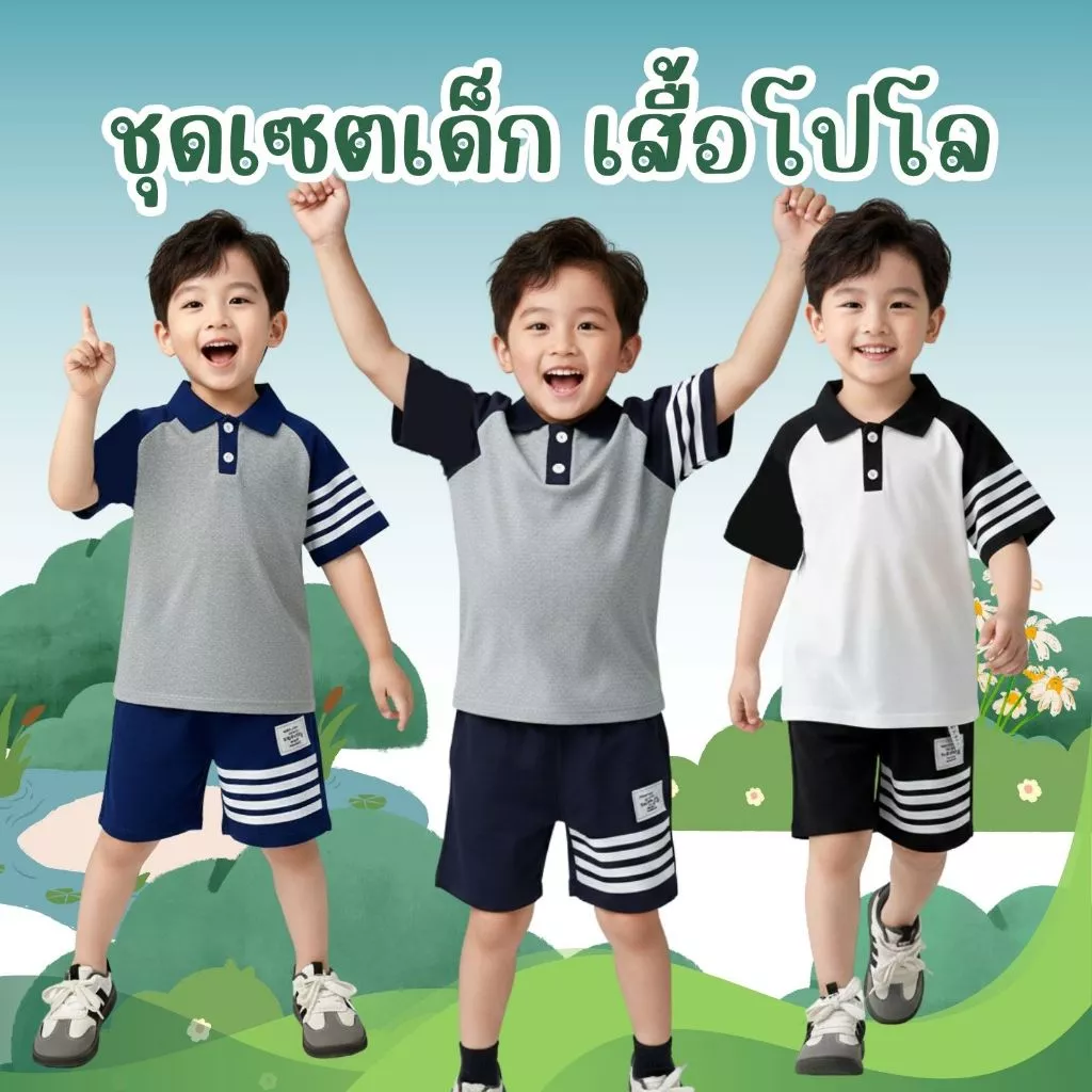 ชุดเสื้อผ้าเด็ก เสื้อโปโลแขนสั้นพร้อมกางเกงขาสั้น สำหรับเด็ก ชุดแฟชั่น ชุดลำลอง เหมาะสำหรับเด็กชาย ผ้าระบายอากาศได้