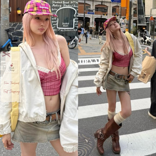 Top เสื้อคล้องคอ Spaghetti Strap มีฟองน้ำ ลายตารางสีแดง สไตล์ฝรั่งเศส น่ารักสุด ๆ | Black Cherry