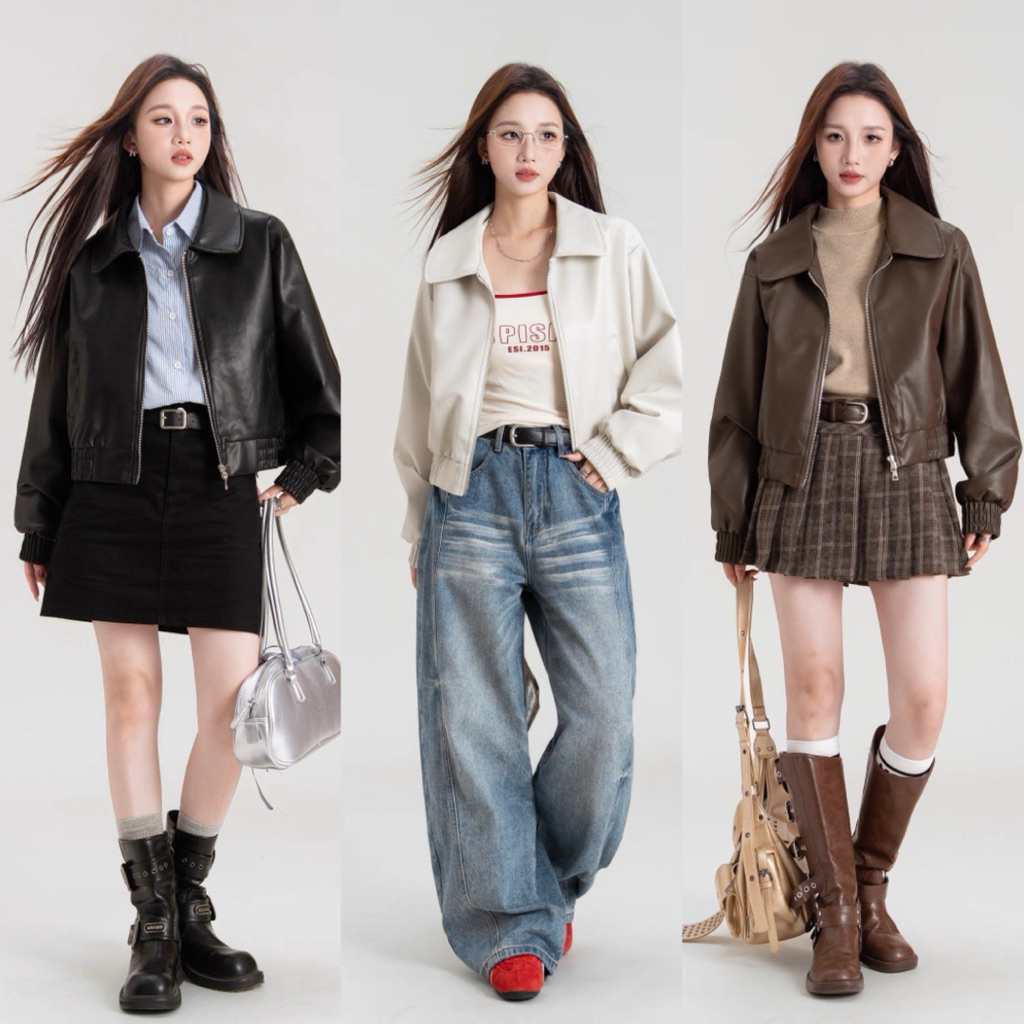Jacket leather เสื้อแจ็คเก็ตpu เนื้อผ้าหนังอย่างดี ทรงเก๋ๆ ใส่คลุมกันลม กันหนาว