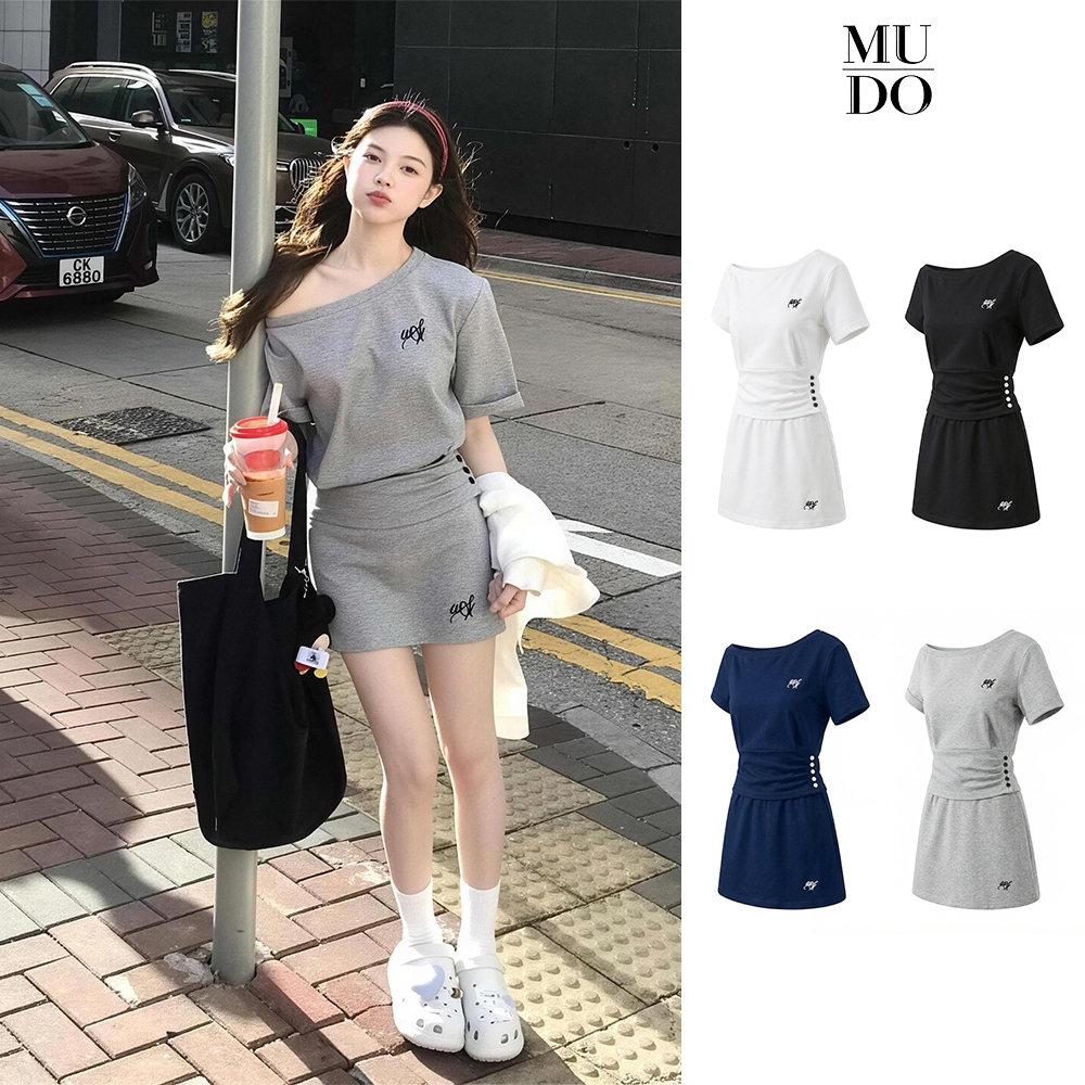 MUDO เซ็ทเสื้อแขนสั้นกระโปรงสั้นผู้หญิง ผ้าฝ้ายนุ่มสบายตัว สีพื้นเซ็กซี่เข้ากับทุกชุด ทรงกระชับดูผอมลง #1001