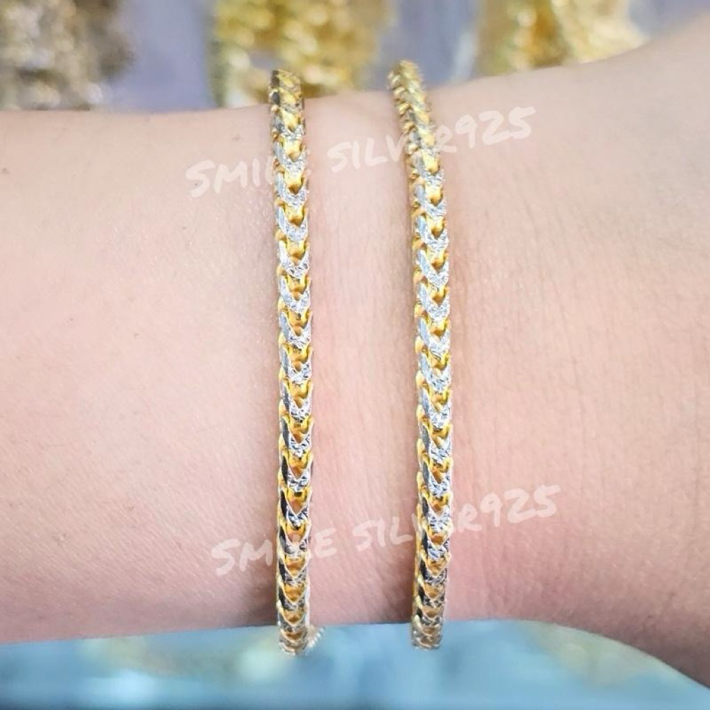 มม44 สร้อยข้อมือ สี่เสาจิกเพชร 3.5mm. เงินแท้ 92.5% ชุบ2กษัตริย์ (WG+G)
