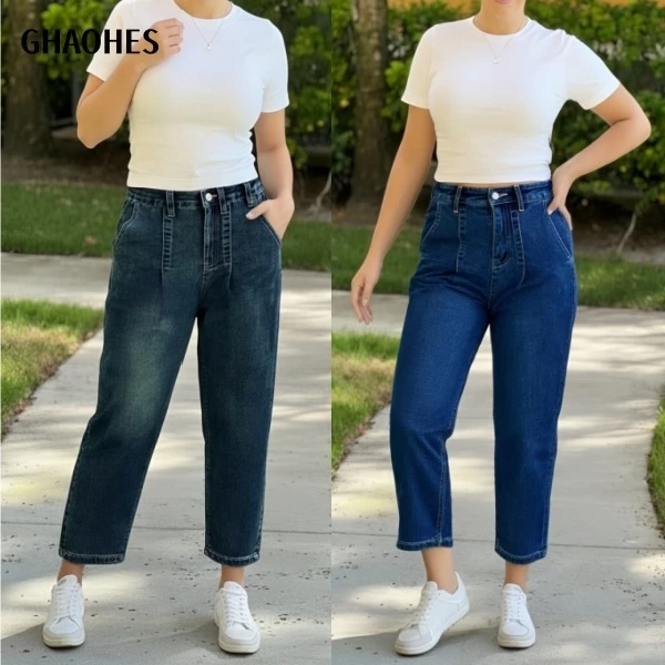 GHAOHES กางเกงยีนส์ขนาดใหญ่สไตล์วินเทจสีเข้ม ยืดหยุ่นได้ มี 2 สี เอวสูงและรอบสะโพกใหญ่#V138