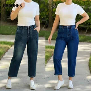 GHAOHES กางเกงยีนส์ขนาดใหญ่สไตล์วินเทจสีเข้ม ยืดหยุ่นได้ มี 2 สี เอวสูงและรอบสะโพกใหญ่#V138
