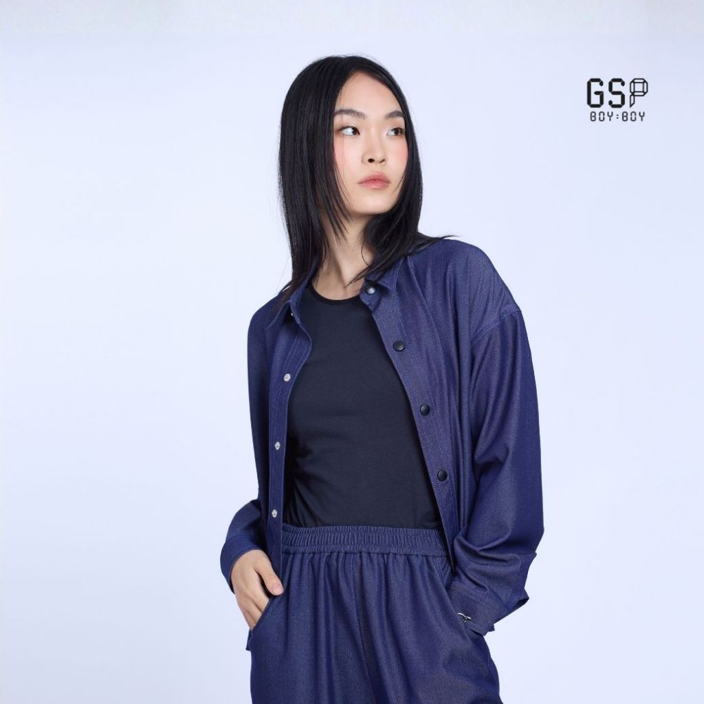 GSP BOY BOY เสื้อเชิ้ต ซอฟท์ เดนิม ครอป เชิ้ต แขนยาว สีกรมท่า D91CDB