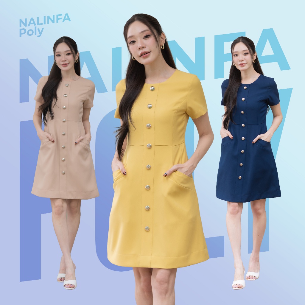 NALINFA Poly (Yellow/Navy/Beige) เดรสคอกลมแขนสั้น กระโปรงทรงเอ by Nalinfa