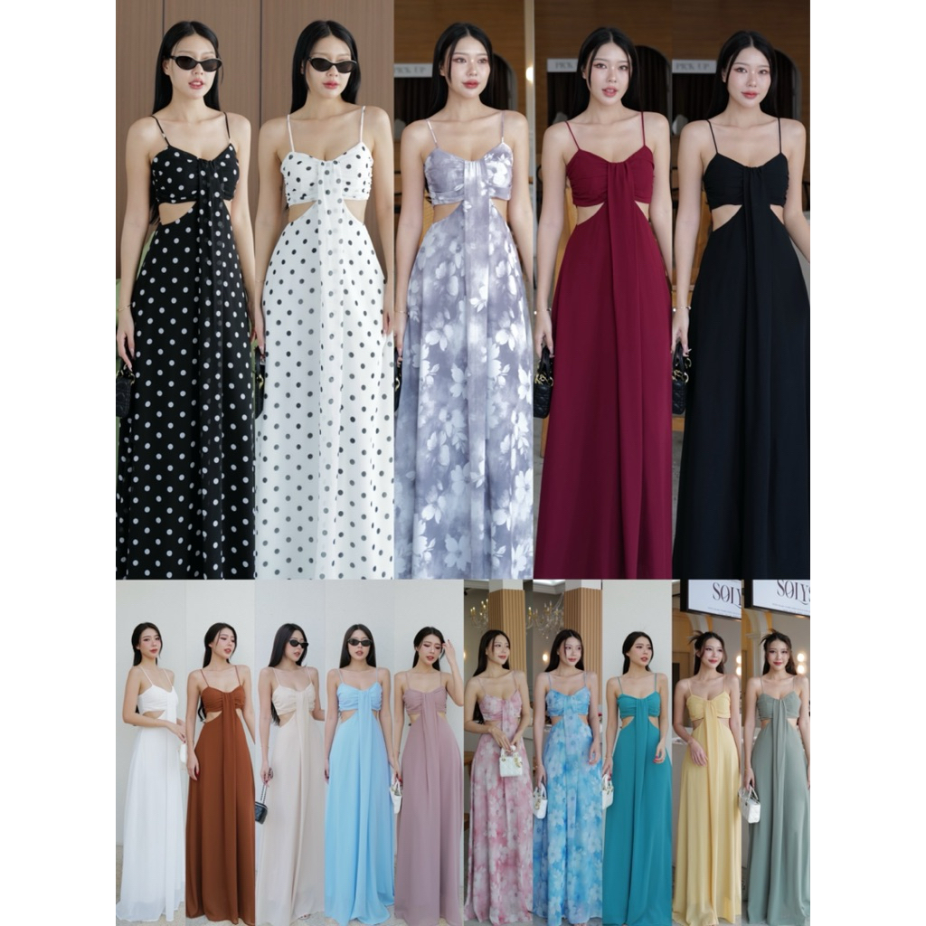 #9623  Long dress เดรสยาวสายเดี่ยวเว้าเอวผ้าชีฟองมีซับใน ชุดใส่ออกงาน ชุดใส่ไปทะเล ป้าย intuon