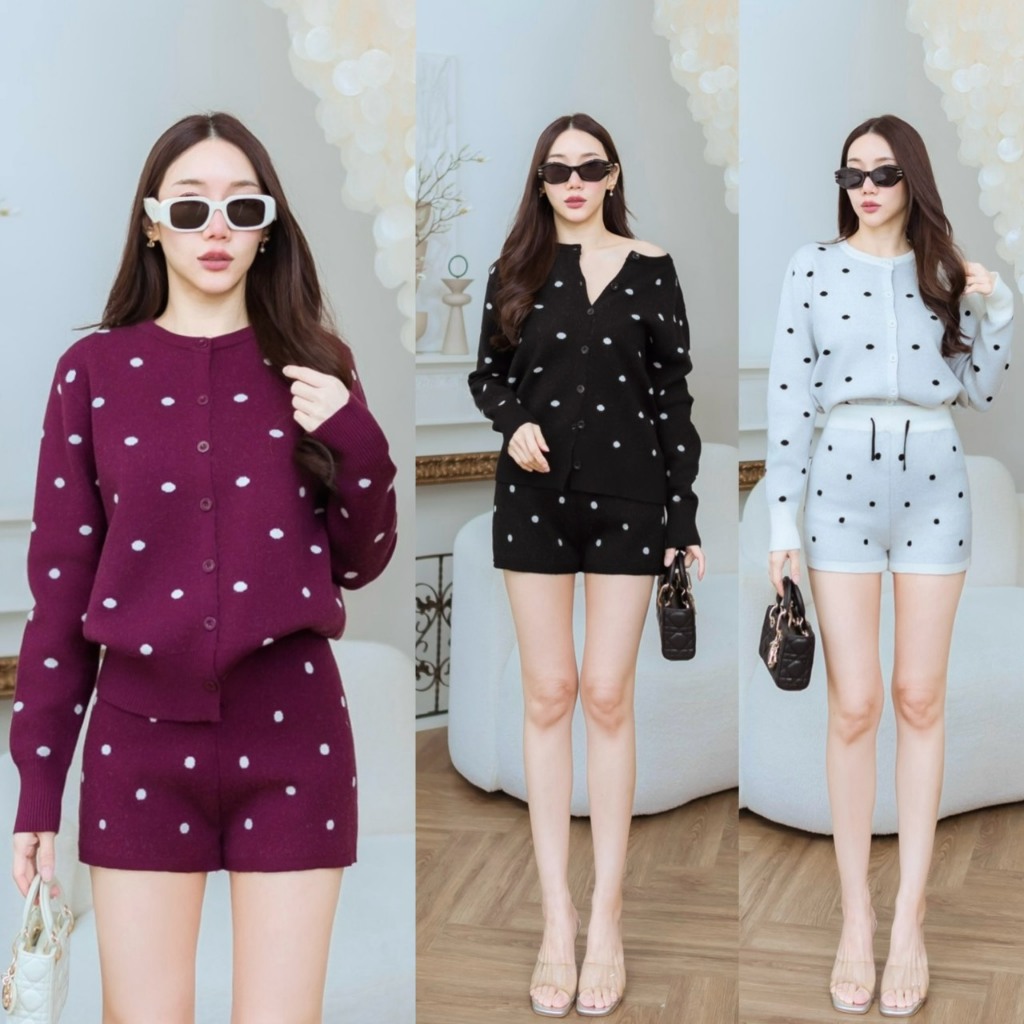 ๋J1940 JiraClothing ชุดเซทไหมพรมลายจุด เสื้อแขนยาว + กางเกงขาสั้น