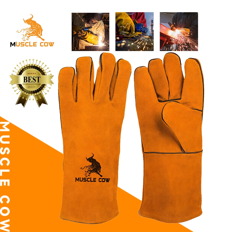 MUSCLE COW ถุงมือหนังงานเชื่อม 10.5" และ13" ทำจากหนังวัวชั้นที่ 2 ทั้งชิ้น เบาและสามารถระบายอากาศได้ดี ถุงมือเชื่อม