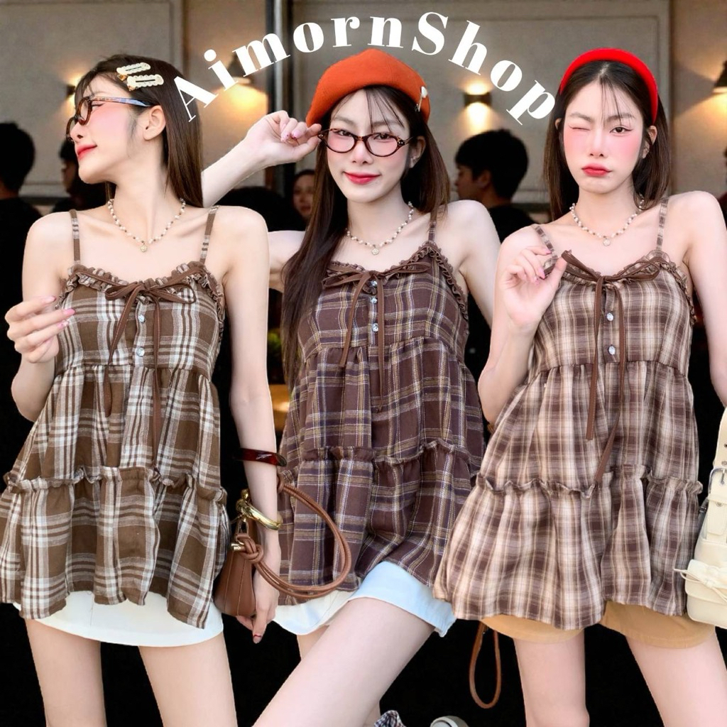 🔥aimorn_shop🔥สายเดี่ยวยีนส์ ระบายน่ารักๆ เพิ่มความคิ้วท์ด้วยโบว์สีน้ำตาลตัด สวยมาก ผ้าใส่สบาย ด้านหลังเป็นสม็อค นะ