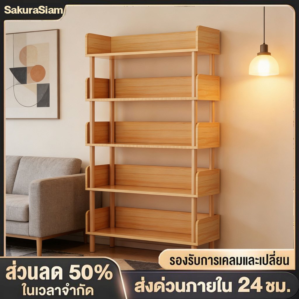 SKS ชั้นวางหนังสือ ผลิตจากไม้เเท้ ชั้นวางของใส่ของ ชั้นเก็บของอเนกประสงค์ มีรั้วกั้น เเข็งเเรงทนทาน Shelves