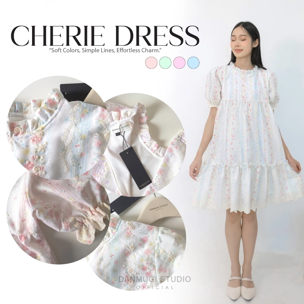 cherie dress 🌷💕🫶🏻ชุดเดรสลายดอกไม้ วินเทจ หวานพาสเทล แขนพอง กระโปรงระบาย สไตล์เกาหลี ใส่เที่ยว
