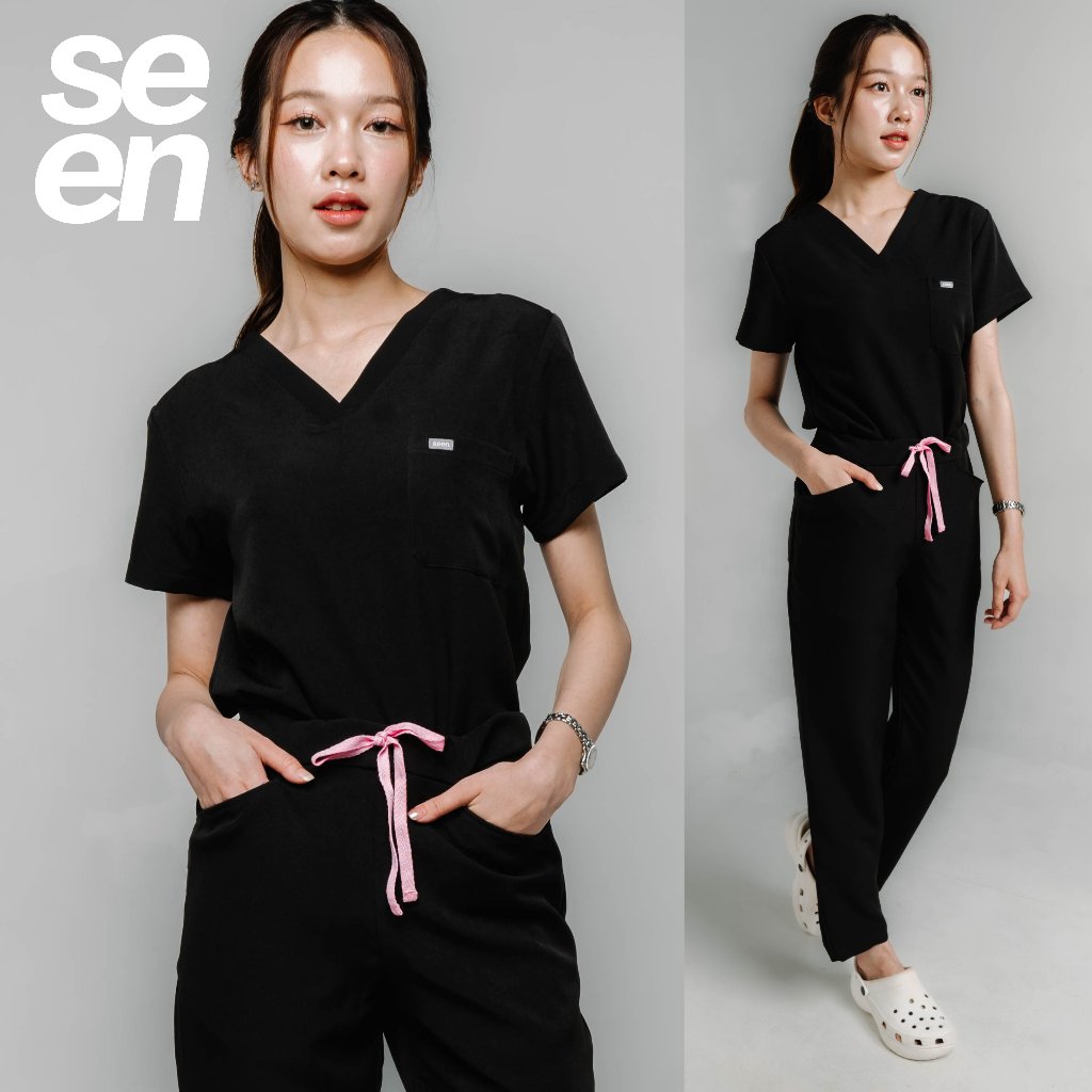 ชุดสครับการแพทย์ สี Black เชือกสีชมพู รุ่น Standard (รวมเสื้อและกางเกง)
