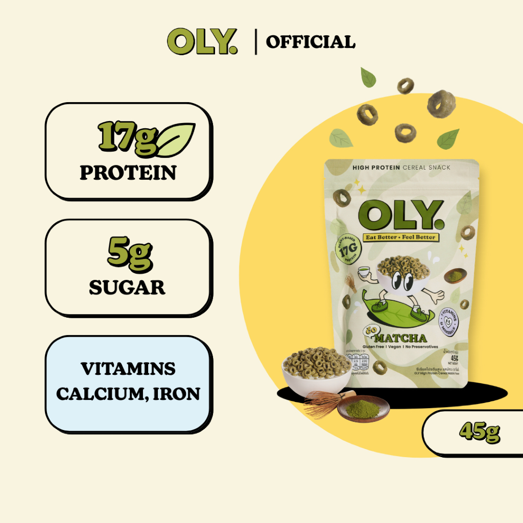 OLY. Go Matcha Plant Based High Protein Cereal 45g โอลี่ ซีเรียลโปรตีนสูง รสมัทฉะ 45g