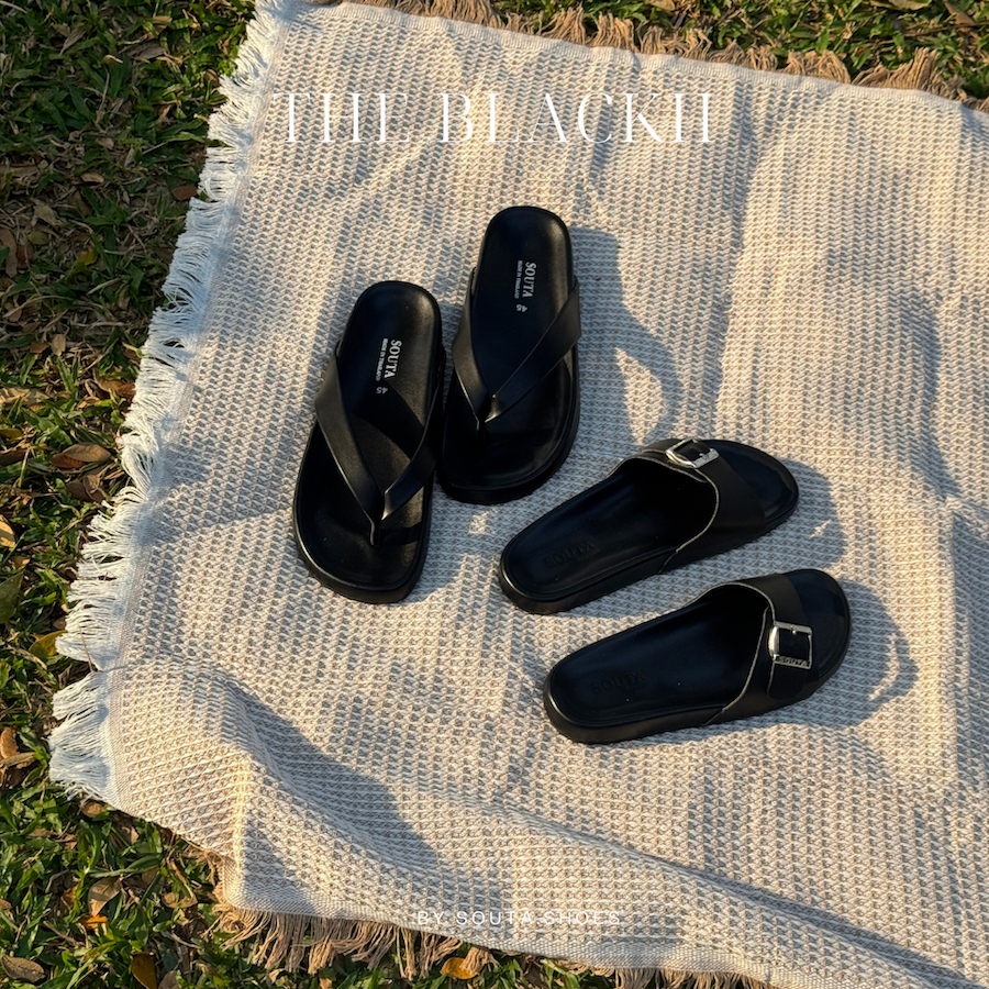 The Blackii Sandals  - Souta.shoes รองเท้าแตะแบบสวม พื้นนิ่ม รุ่นพื้นดำ รูปที่ 5