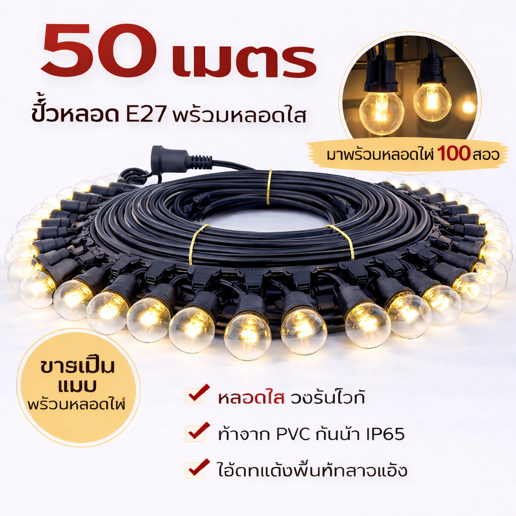 สายไฟห้อยระย้าขั้วe27ยาว 50-100เมตร พร้อมหลอดไฟLED 3W งานคุณภาพ กันน้ำ เส้นหนา ทนทาน ขายไฟราว ราคาไฟราว ไฟราวสําเร็จรูป