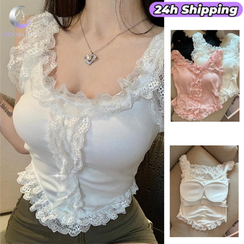 Moonling พร้อมส่งจากไทย เสื้อกล้าม แต่งดีเทลขอบลูกไม้ สีพาสเทล มีฟองน้ำ FYA075