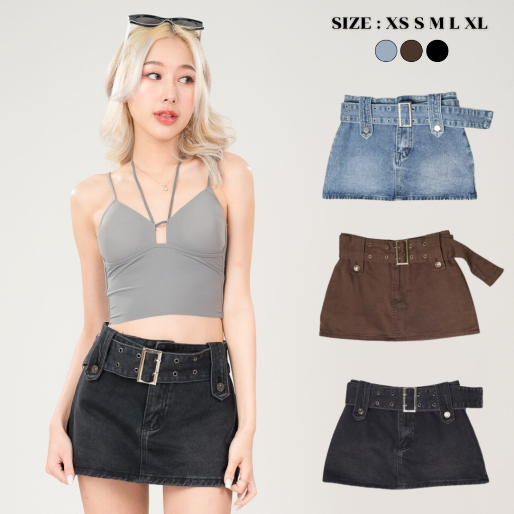 loveruby.store - Belt Short Skirt กระโปรงยีนส์สั้น y2k พร้อมเข็มขัด