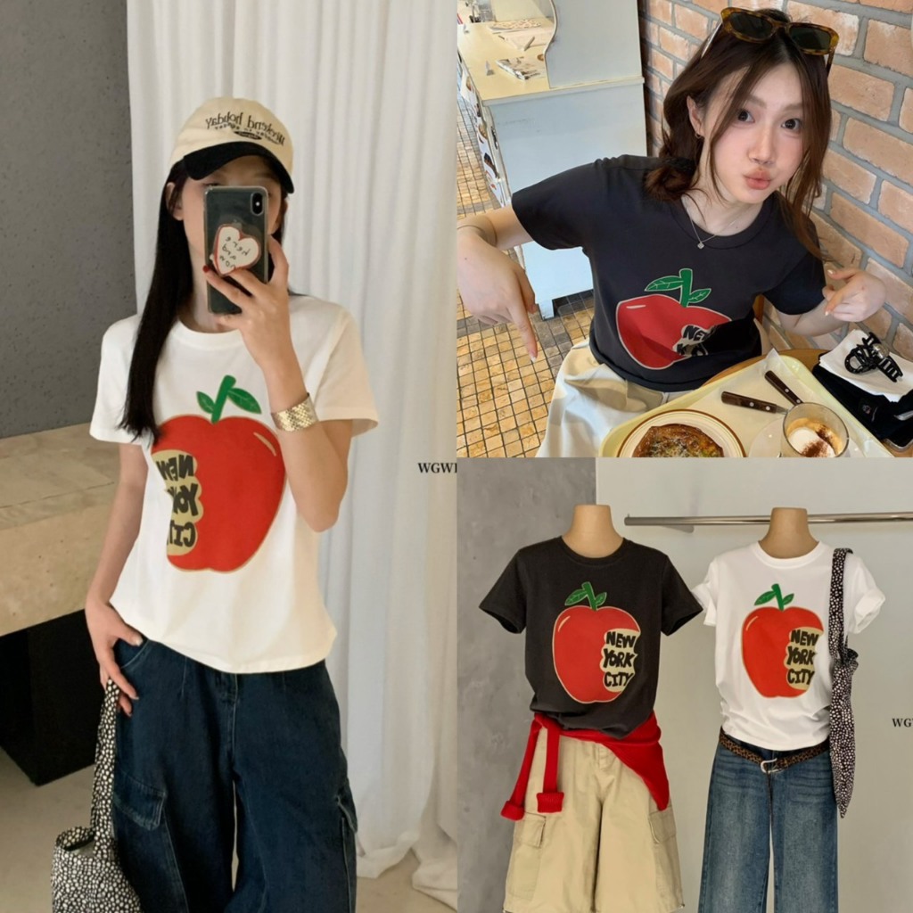 (พร้อมส่ง) เสื้อยืดสกรีนรูปแอปเปิลรุ่น W8763 TAG WG.WE