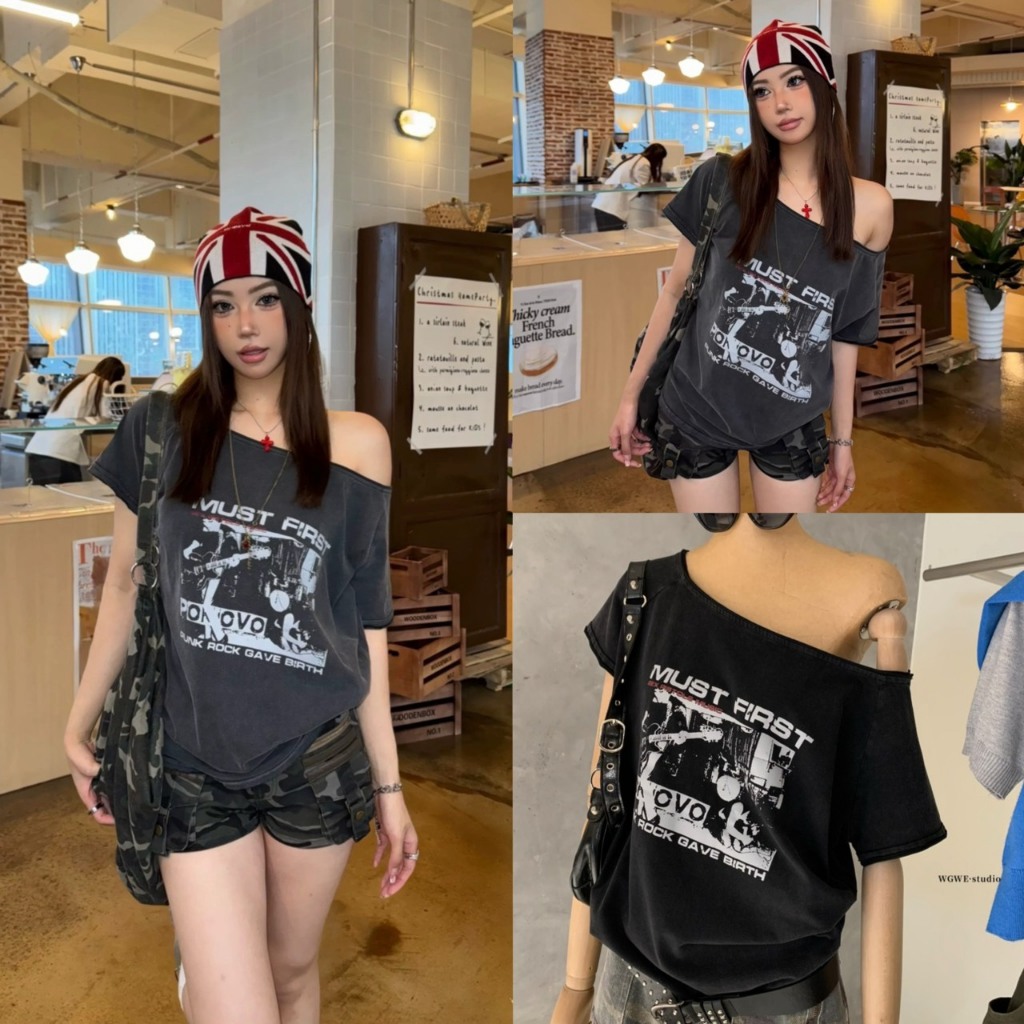 (พร้อมส่ง) เสื้อคอกว้างแขนสั้นสกรีนลายช่วงอกรุ่น 8746 TAG WG.WE 🇰🇷