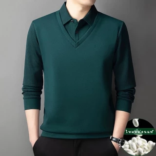 2026 รุ่นใหม่ คอปก เสื้อผู้ชาย หลอกสองชิ้น ผ้าไหมหม่อน สไตล์สุภาพ เสื้อยืดแขนยาว
