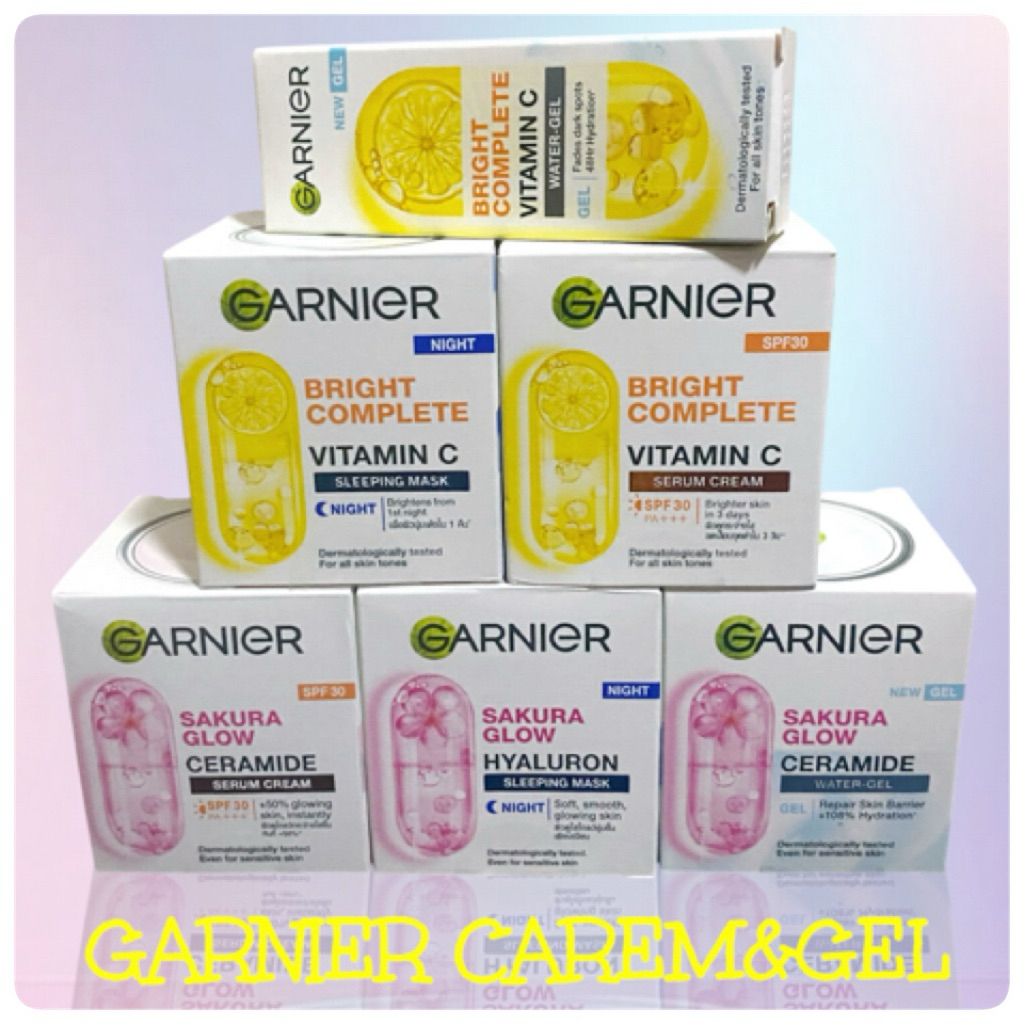 Garnierการ์นิเย่ครีม&เจล ซากุระ โกลว์ เซรั่มครีม & การ์นิเย่ ไบรท์ เซรั่มหน้าใส คอมพลีท สปีด เซรั่ม ครีม