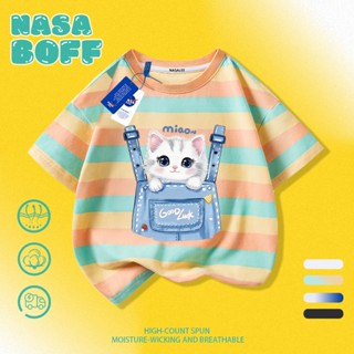 จัดส่งวันนี้ เสื้อยืดคอกลมลายขาวน้ำเงิน NASA สำหรับเด็ก แมวใ…