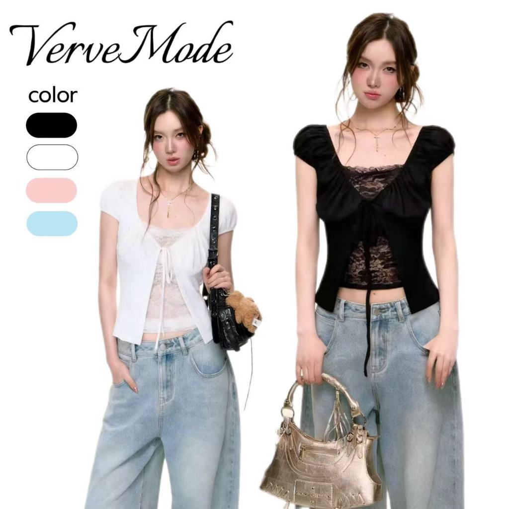 VerveMode.🍓จัดส่งในประเทศไทย🍓เสื้อแขนตุ๊กตา ดีเทลมีลูกไม้ด้านใน ผ้าเรอยน ผูกโบว์ด้านหน้า สไตล์สาวตัวเล็กน่ารักคิขุ